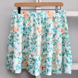 Anthropologie Cloth & Stone Green White Floral A-Line Mini Tiered Skirt SZ Large